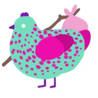 A mint and fuchsia chicken with a speckle pattern