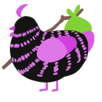 A black and orchid chicken with a bar pattern