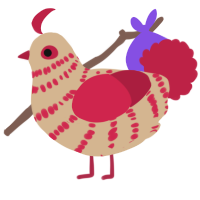 A beige and crimson chicken with a bar pattern