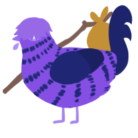A blurple and navy chicken with a bar pattern
