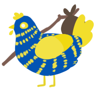 A ultramarine and yellow chicken with a bar pattern