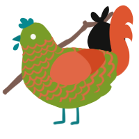 A chartreuse and vermilion chicken with a lace pattern
