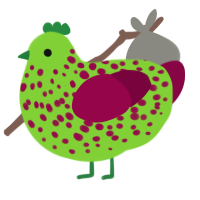 A grass and maroon chicken with a speckle pattern
