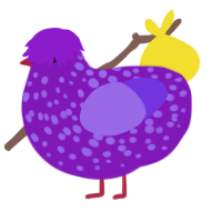 A violet and blurple chicken with a speckle pattern