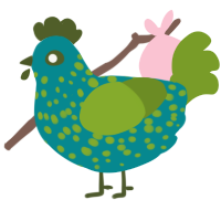 A teal and chartreuse chicken with a speckle pattern