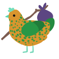 A orange and viridian chicken with a speckle pattern