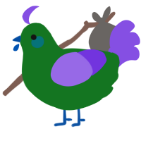 A leaf and blurple chicken