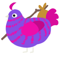 A blurple and fuchsia chicken with a bar pattern