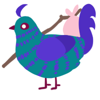 O, a teal and indigo chicken with a bar pattern