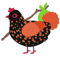 A black and vermilion chicken with a speckle pattern
