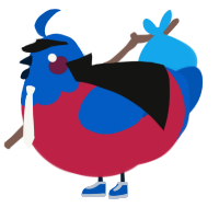 A crimson and ultramarine chicken with a head pattern