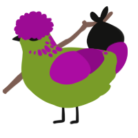 A chartreuse and plum chicken with a neck-speckle pattern
