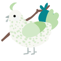 A white and gluppy chicken with a speckle pattern