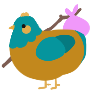 A ochre and teal chicken with a head pattern