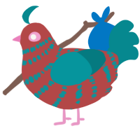 A red and teal chicken with a bar pattern