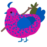 polka, a fuchsia and ultramarine chicken with a speckle pattern