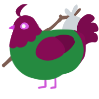 A viridian and wine chicken with a head pattern