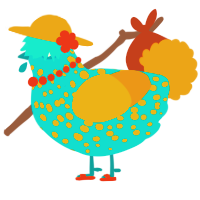 A cerulean and ochre chicken with a speckle pattern