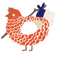 A vermilion and cream chicken with a lace pattern