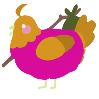 A fuchsia and ochre chicken with a head pattern