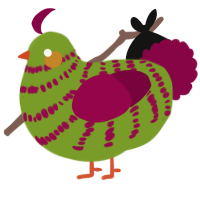 A chartreuse and maroon chicken with a bar pattern