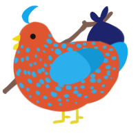 A vermilion and sky chicken with a speckle pattern