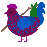 A wine and ultramarine chicken with a speckle pattern