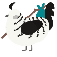 A white and sable chicken with a half-bar pattern