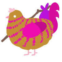 A gold and fuchsia chicken with a bar pattern