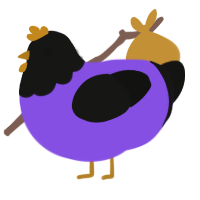 A blurple and black chicken with a head pattern