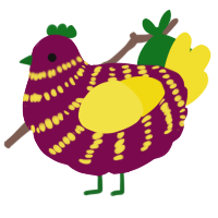 A wine and yellow chicken with a bar pattern