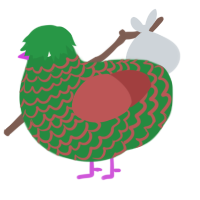 A viridian and red chicken with a lace pattern