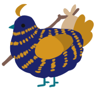 A navy and ochre chicken with a bar pattern