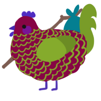 A maroon and chartreuse chicken with a lace pattern