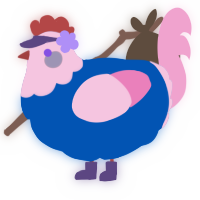 A ultramarine and pink chicken with a head pattern