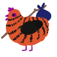 A vermilion and black chicken with a bar pattern