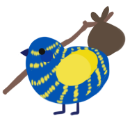 A ultramarine and yellow chicken with a bar pattern