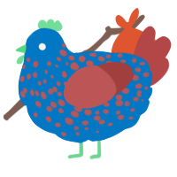 A sapphire and red chicken with a speckle pattern