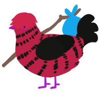 A crimson and black chicken with a bar pattern