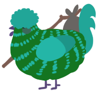 A leaf and turquoise chicken with a bar pattern