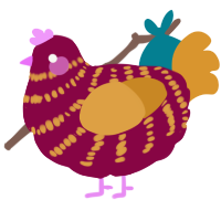 A maroon and orange chicken with a bar pattern