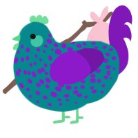 A teal and violet chicken with a speckle pattern