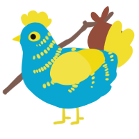A cerulean and yellow chicken with a half-bar pattern