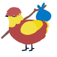 A red and yellow chicken with a head pattern