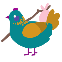 A teal and ochre chicken with a neck-speckle pattern