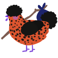 A vermilion and black chicken with a speckle pattern