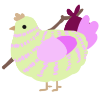 A apple and lavender chicken with a bar pattern