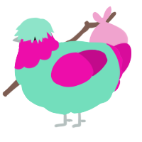 A mint and fuchsia chicken with a head pattern