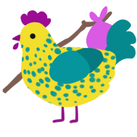 A yellow and teal chicken with a speckle pattern