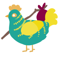 A turquoise and yellow chicken with a half-bar pattern